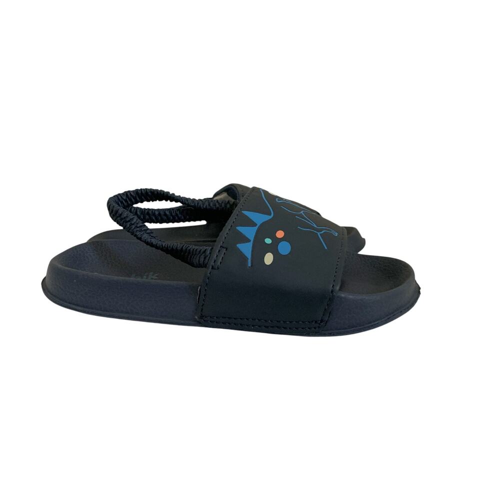 Kidpik Boys Navy Blue Dinosaur Graphic Slide Sandals Elastic‎ Back Strap 9/10